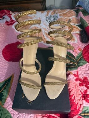 Shoe Dazzle Gold Spiral Beaded Wrap Heels